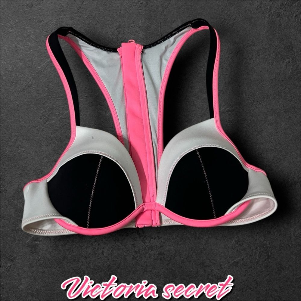 Preowned Victoria's Secret Pink Black White Bikini Top Halter Back w/ zipper 34B